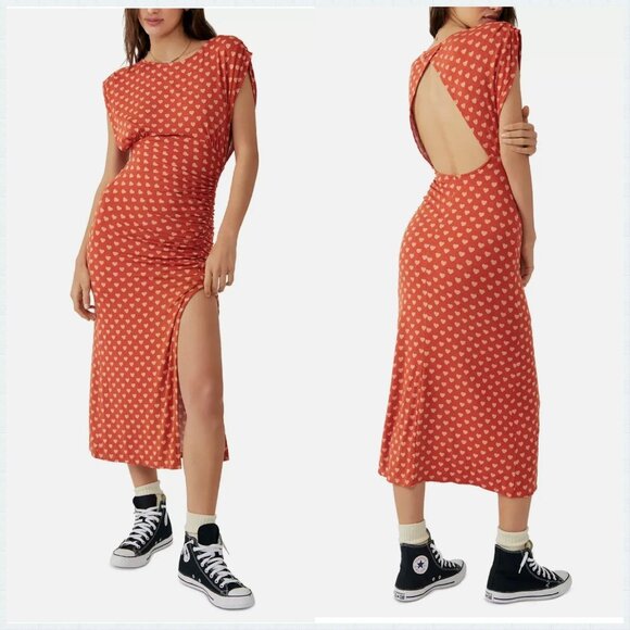 NWT Free People Lakeside Midi Dress Ginger Heart Print Ruched Side Slit LG - Picture 1 of 14